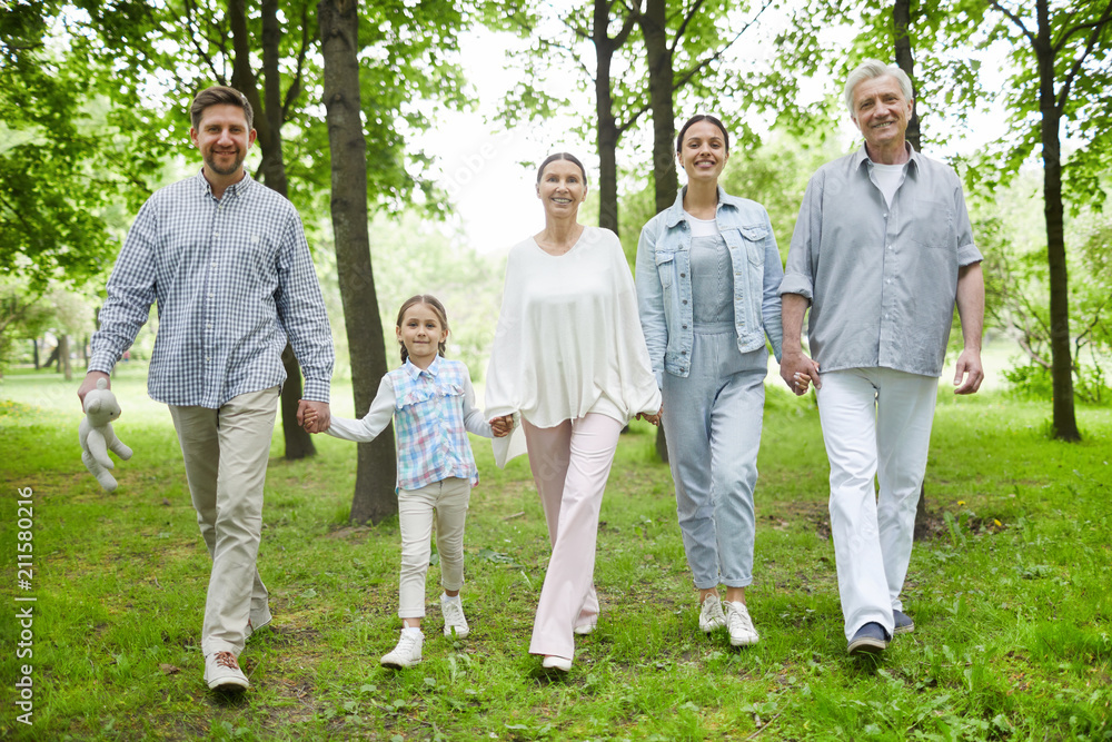 Five happy family members in casualwear walking down green lawn in park Five happy family members in casualwear walking down green lawn in park