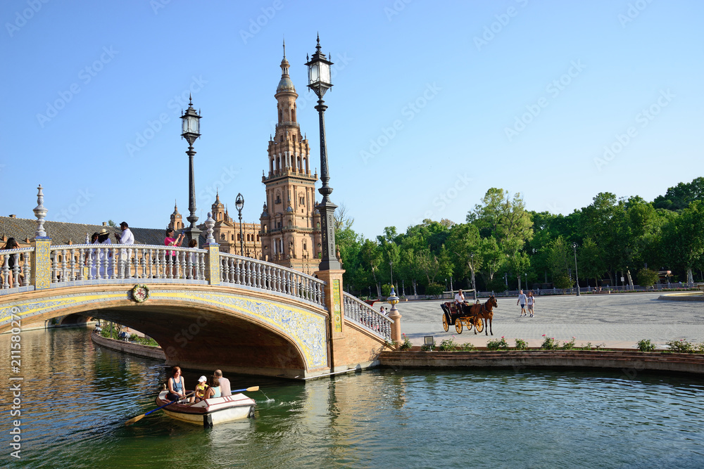 Seville, Spain - June 21, 2018: Plaza de España in Seville and its canals.