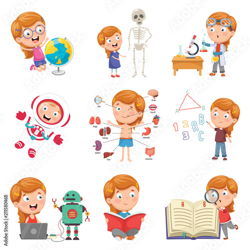 Vector Illustration Of Little Girl Studying Science