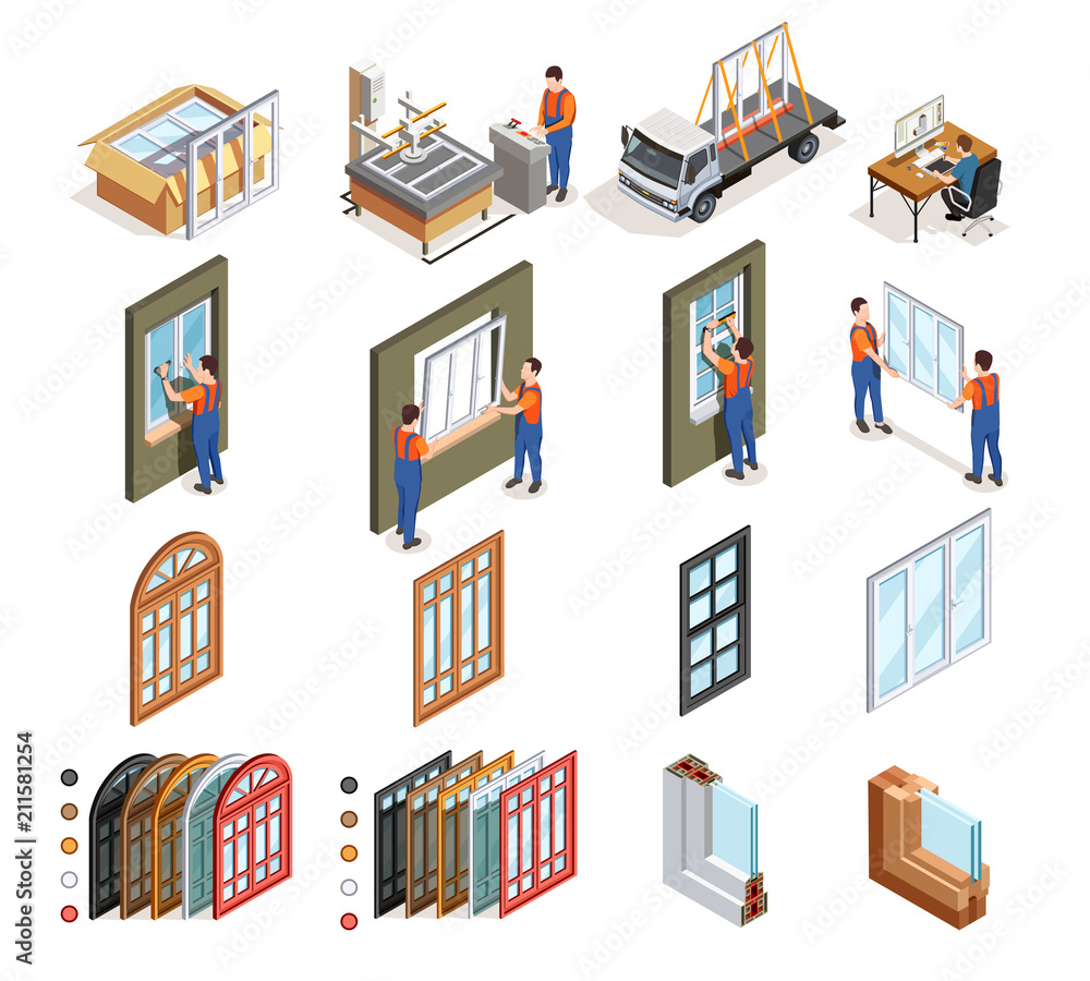 PVC Windows Production Isometric Icons PVC Windows Production Isometric Icons