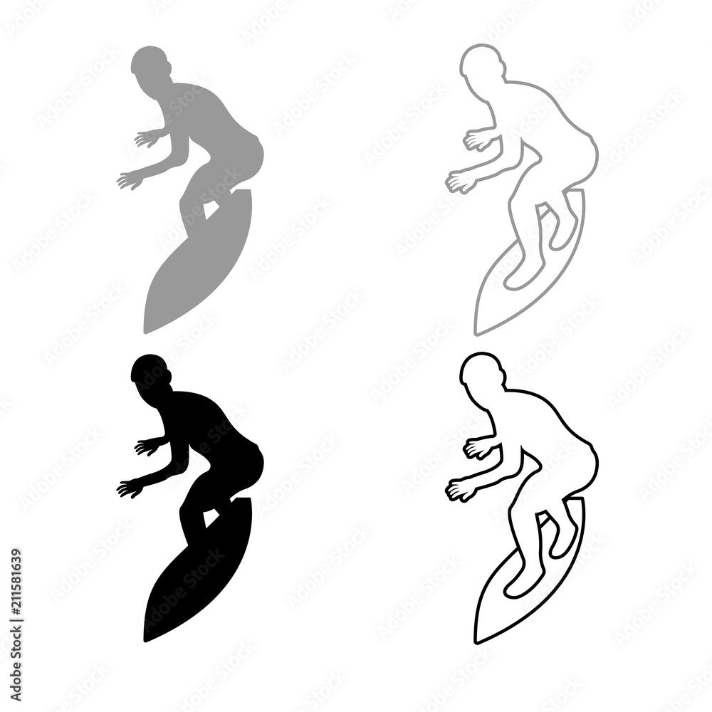 Surfer on surferboard icon outline set grey black color Surfer on surferboard icon outline set grey black color