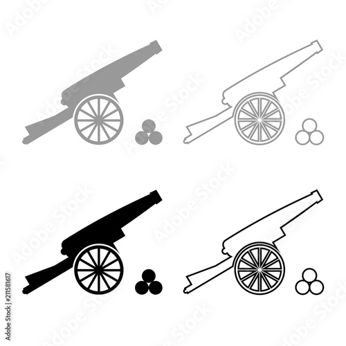 Medieval cannon firing cores icon outline set grey black color