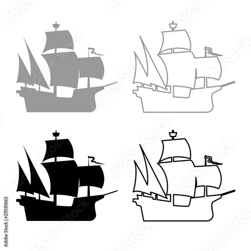 Medieval ship icon outline set grey black color