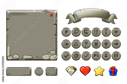Big set Cartoon grey stone assets and buttons For Ui Game, GUI icons