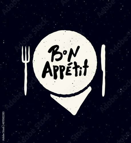 Bon appetit. Illustration of plate, knife and fork.