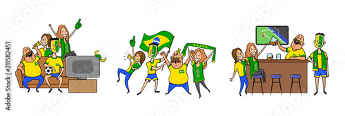 Brazil national football team supporters cheering at home, in the bar together. Set of football characters with national attributes. Colored flat vector illustration. Isolated on white background.