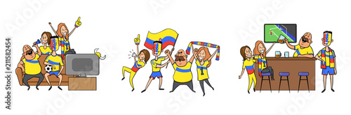 Colombian National football team supporters cheering at home, in the bar together. Set of football characters with national attributes. Colored flat vector illustration. Isolated on white background.