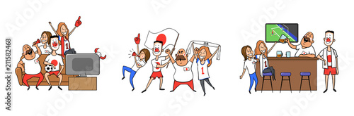 Japan National football team supporters cheering at home, in the bar together. Set of football characters with national attributes. Colored flat vector illustration. Isolated on white background.