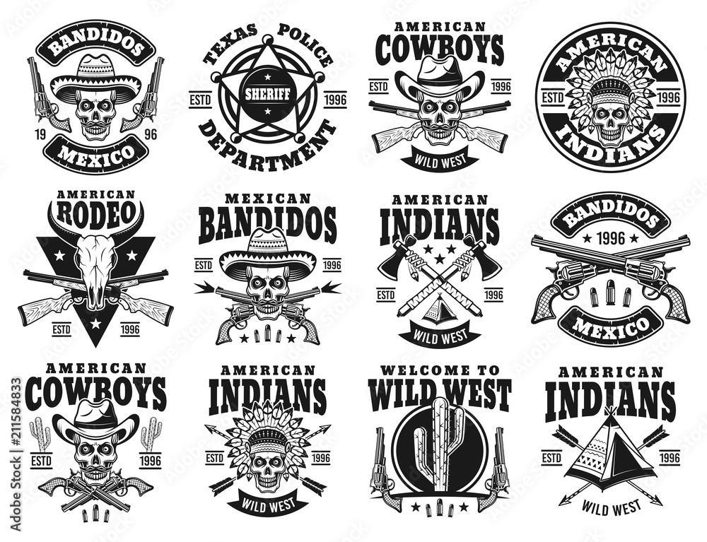 Wild west set of vector emblems, labels, badges