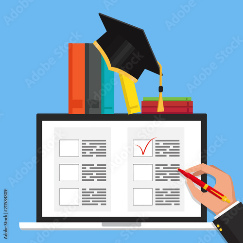 Education. Vector flat illustration. Online exam concept, taking test.