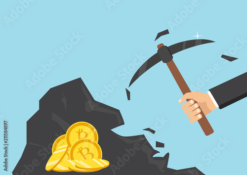 Businessman mining bitcoins. Vector illustration. Cryptocurrency concept.