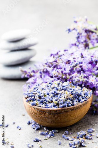 Lavender flowers  bouquet on rustic background  overhead.