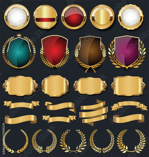 Retro golden ribbons labels and shields vector collection 