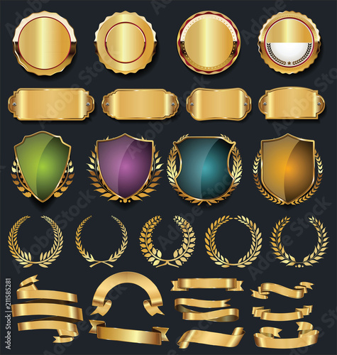 Retro golden ribbons labels and shields vector collection 