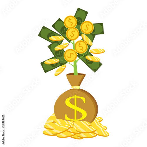 The concept of earnings, success in work, money. Vector illustration. The hand of a businessman who pours a money tree.