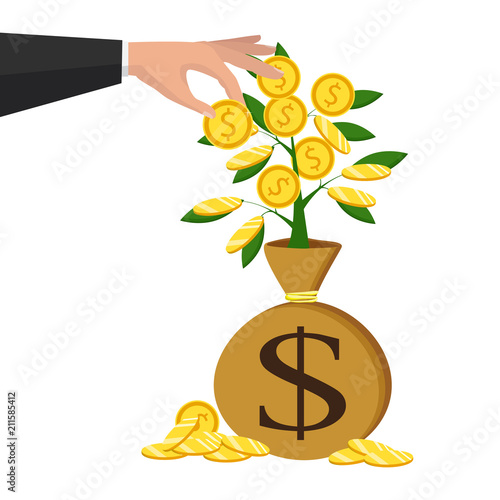 The concept of earnings, success in work, money. Vector illustration. The hand of a businessman who pours a money tree.