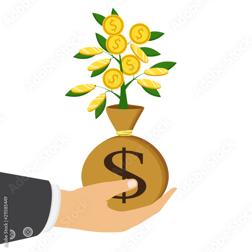 The concept of earnings, success in work, money. Vector illustration. The hand of a businessman who pours a money tree.