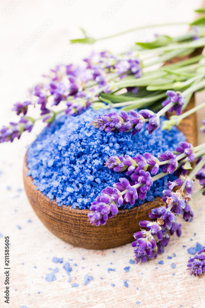 Essential lavender salt with flowers top view. Essential lavender salt with flowers top view.