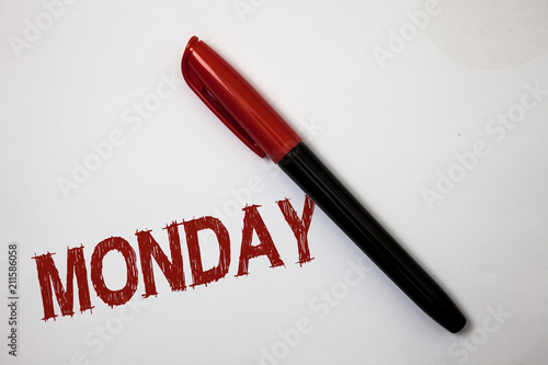 Writing note showing Monday. Business photo showcasing First day of the week Back to work Weekend is over Wakeup Early Softliner pointer ink handwriting note pen stationery item paper work. photo