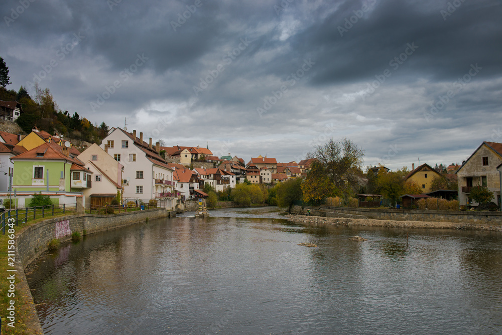 Old city view in fall. Czech krumlov. Traveling through Europe. The city in Czech Republic, sights. 


