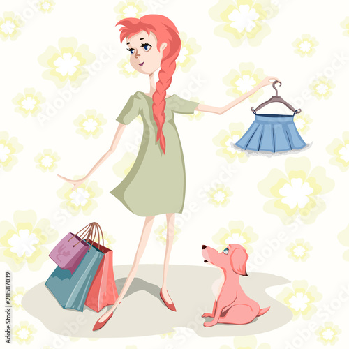 Girl with dog in the store trying on clothes