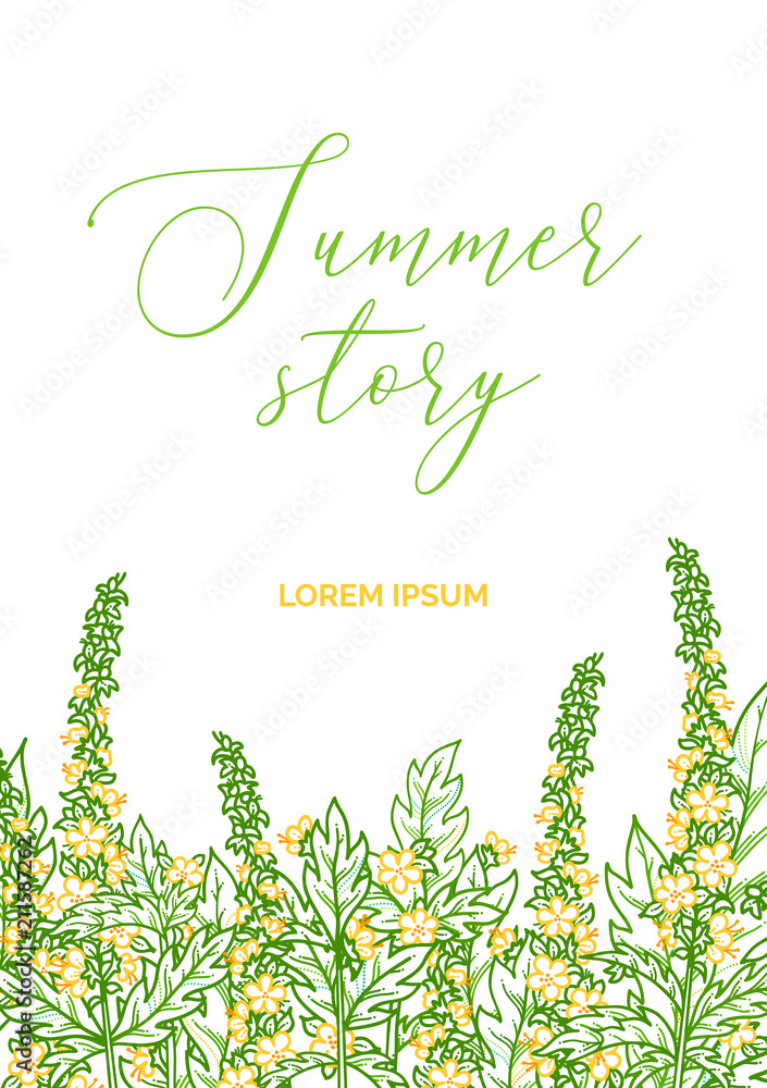 Obraz premium Summer story. Vector summer linear floral background.