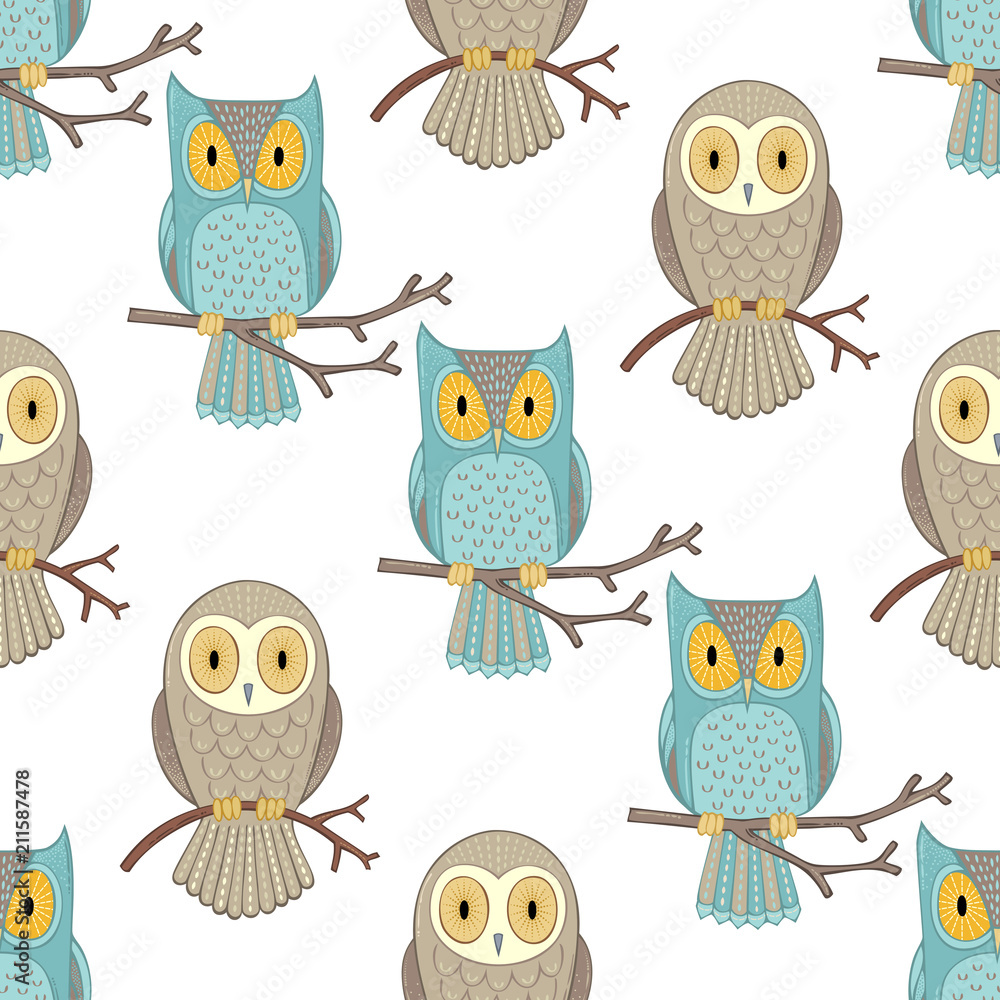 Naklejka premium Owls seamless pattern.