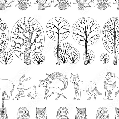 Wild animals in autumn forest. Vector seamless pattern.
