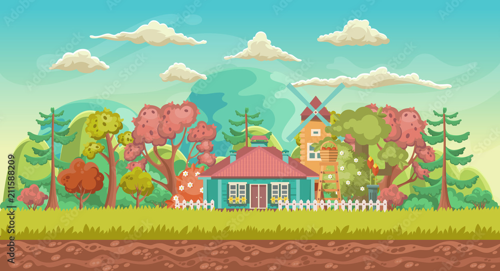 Vector game background. Landscape orientation. Panorama with cute village