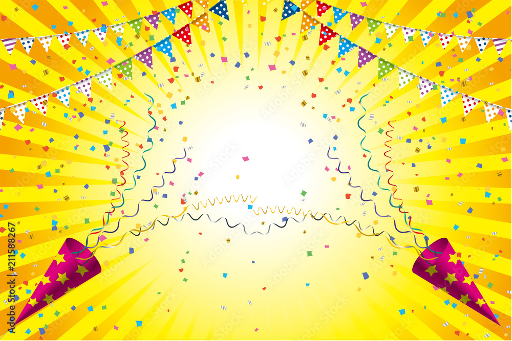 イラスト素材 集中線背景 クラッカーと紙吹雪とカラフルな三角旗 パーティーフラッグ 横位置 Stock Vector Adobe Stock