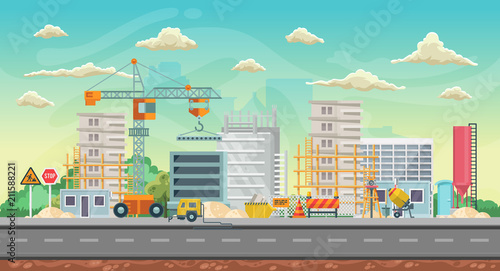 Vector game background. Landscape orientation. Panorama with construction