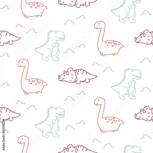 Dinosaurs line style cute baby seamless vector pattern.