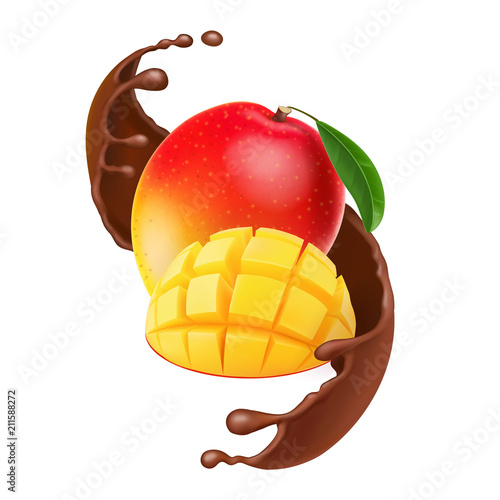 Mango fruit in chocolate, coffee, cacao. 3d realistic mango cubes with cocoa splash