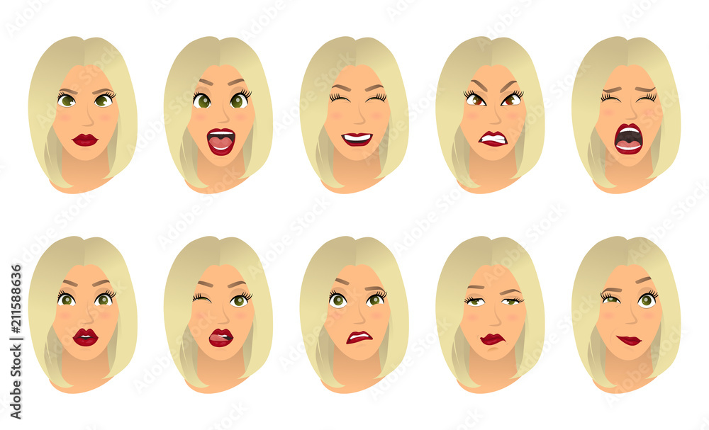 Women facial expressions, gestures, emotions happiness surprise disgust sadness rapture disappointment fear surprise joy smile cry despondency. Cartoon icons set isolated. Vector illustration Women facial expressions, gestures, emotions happiness surprise disgust sadness rapture disappointment fear surprise joy smile cry despondency. Cartoon icons set isolated. Vector illustration