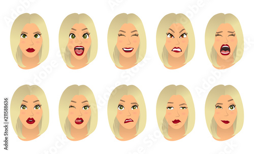 Women facial expressions, gestures, emotions happiness surprise disgust sadness rapture disappointment fear surprise joy smile cry despondency. Cartoon icons set isolated. Vector illustration