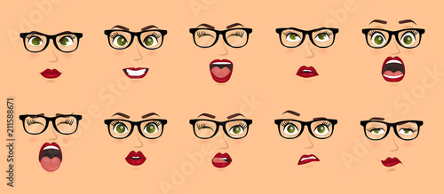 Woman with glasses facial expressions, gestures, emotions happiness surprise disgust sadness rapture disappointment fear surprise joy smile despondency. Cartoon icons set isolated. Vector illustration