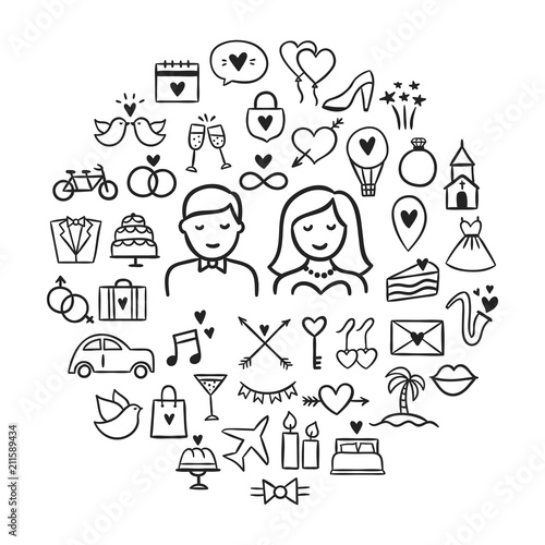 Wedding icons hand drawn outline set. Cute wedding symbols and illustrations with bride, groom, travel honeymoon and other love icons