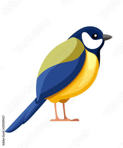 Titmouse bird. Flat cartoon character design. Colorful bird icon. Cute yellow and blue tit. Vector illustration isolated on white background
