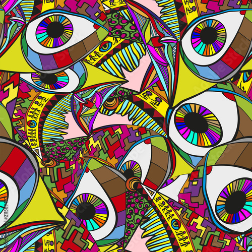 Abstract surreal vector background. Crazy bright background with eyes. Illustration of madness.