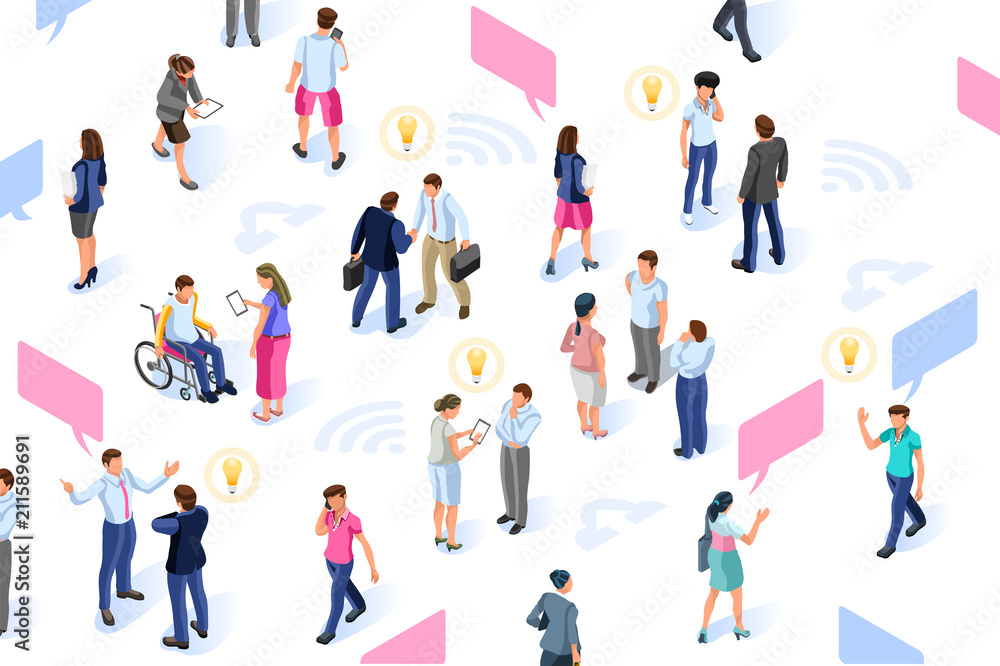 Brainstorm infographic with isometric characters. Group for development resources. Idea concept for social media solutions. Flat isometric people illustration vector isolated on white background.