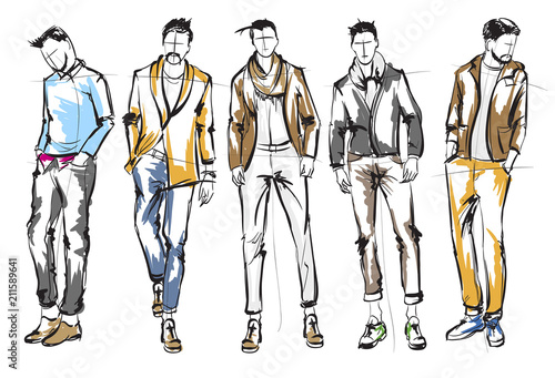 Fashion man. Set of fashionable men's sketches on a white background. Spring men.