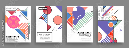 Covers templates set with graphic geometric elements. Applicable for brochures, posters, covers and banners. Vector illustrations.