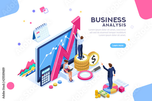 Auditing, business analysis concept with characters. Concept of opportunities. Graphic and audit documentation, economic analysis financial budget. Illustration Flat isometric vector background.