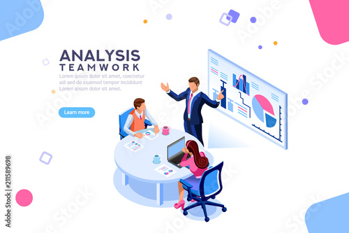 Project management and financial report strategy. Consulting team. Collaboration concept with collaborative people. Isometric business analysis planning. Flat isometric characters vector illustration.