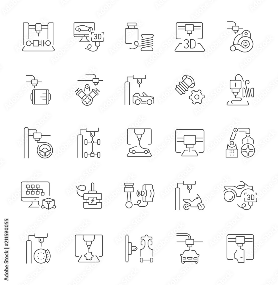 Set of Simple Icons of 3D Cars Printing.