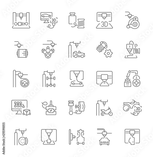 Set of Simple Icons of 3D Cars Printing.