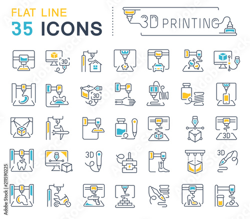 Set Vector Line Icons of 3D printing.