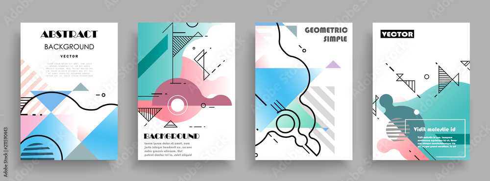 Covers templates set with graphic geometric elements. Applicable for brochures, posters, covers and banners. Vector illustrations.