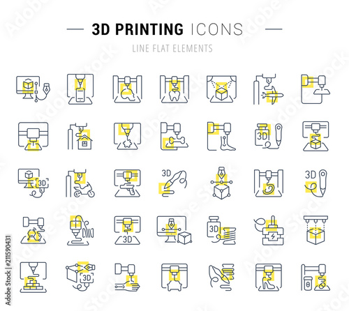 Set Vector Line Icons of 3D Printing.