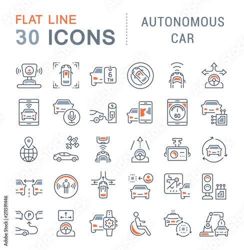 Set Vector Line Icons of Autonomous Car.